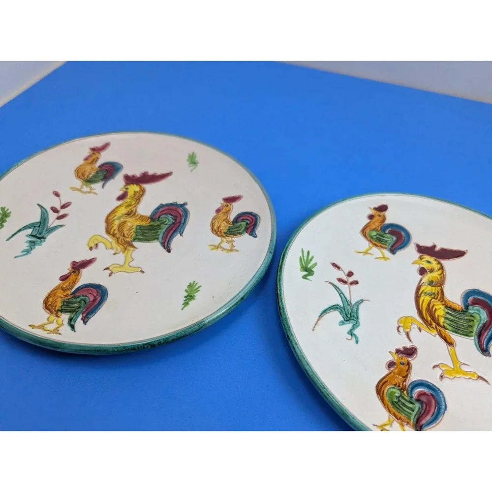 Game Chicken Rooster Cake Plate Set of 2 7-3/4” Cockfighting Dishes Italy